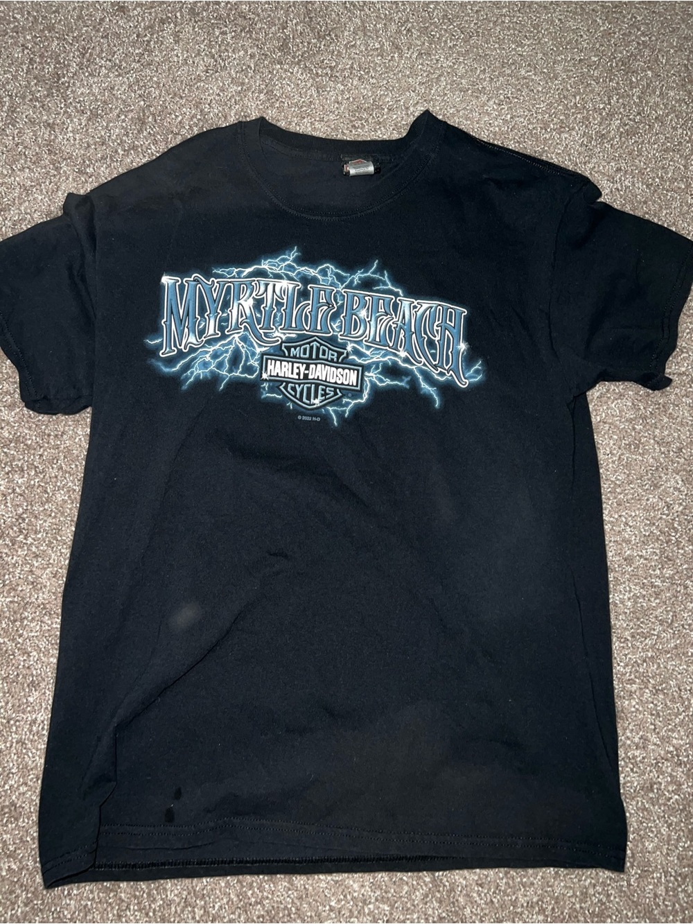 Harley-Davidson Black Tee with Blue Lightning Myrtle Beach Graphic